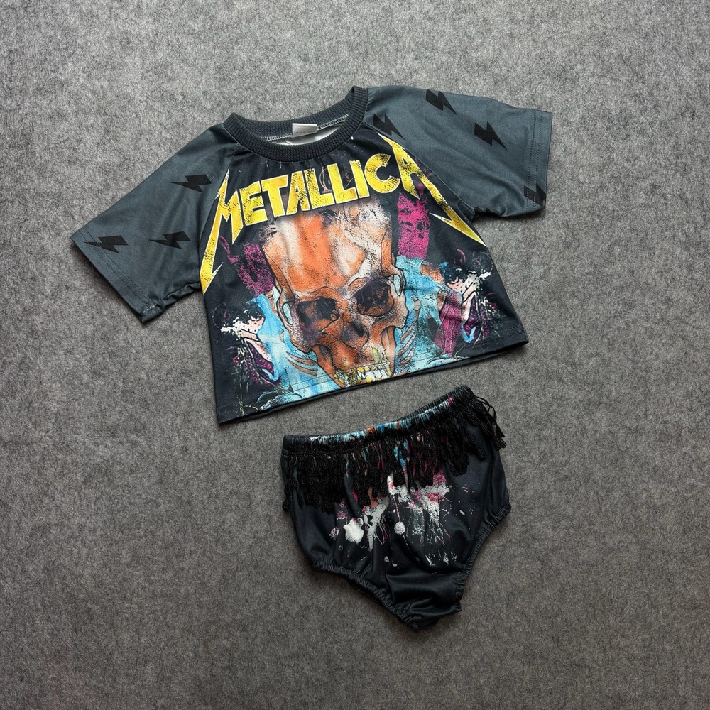 Metallica Outfit Girls 18-24M Black Skull Fringe Band T-Shirt Shorts Set Rock